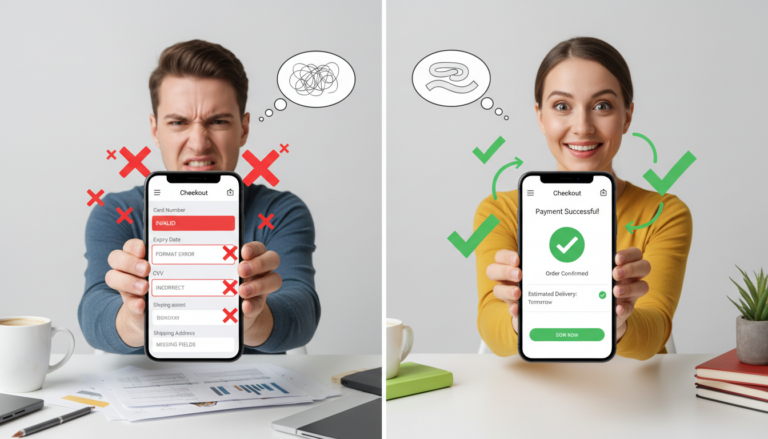 Split-screen comparison image showing a frustrated person on their phone struggling with a checkout form on the left side with red X marks and error symbols, versus a happy person easily completing a purchase on the right side with green checkmarks and smooth flow indicators, clean modern e-commerce aesthetic, bright professional lighting, mobile phone screens visible