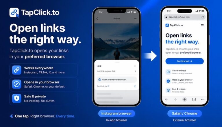 TapClick.to helps profile links open outside in-app browsers like Instagram.