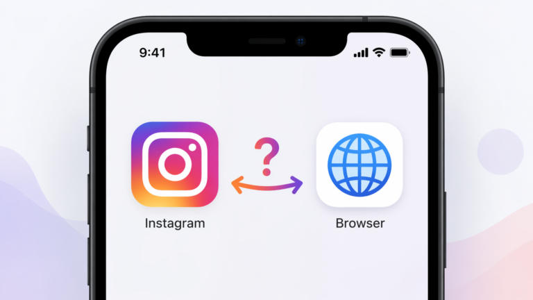 A smartphone screen showing the Instagram app icon and a web browser icon side by side, with a confused arrow pointing between them.
