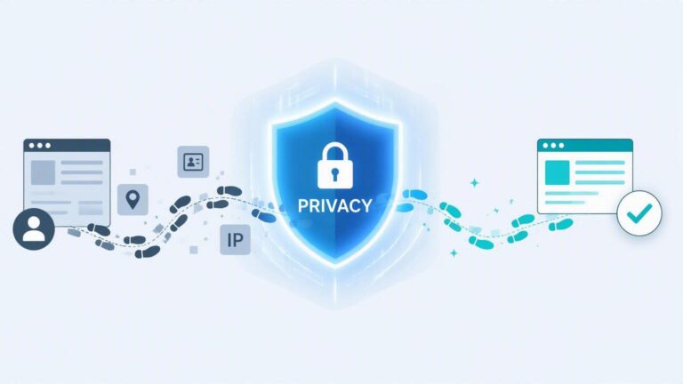 A modern flat vector illustration of a digital path with footprints or trail marks passing through a glowing blue privacy shield and coming out clean on the other side.