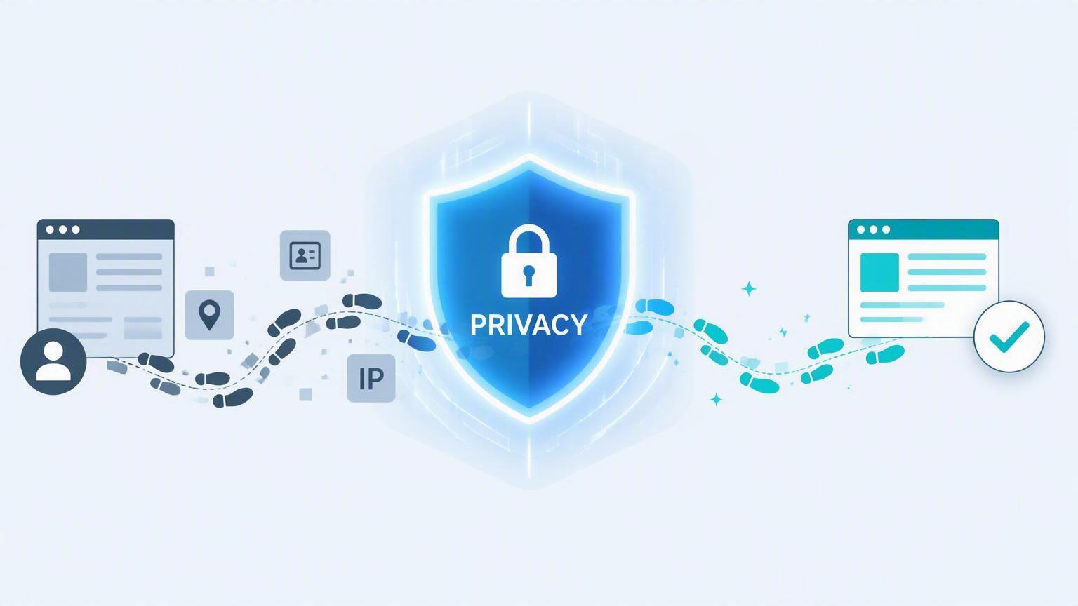 A modern flat vector illustration of a digital path with footprints or trail marks passing through a glowing blue privacy shield and coming out clean on the other side.