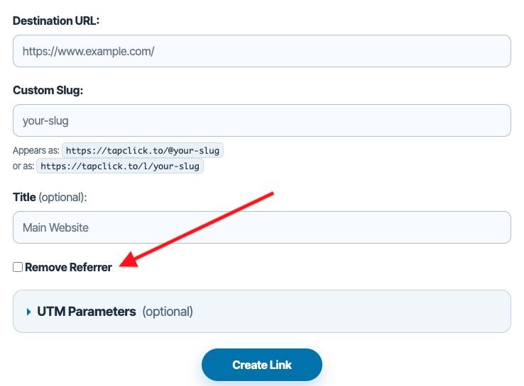 Arrow pointing to "Remove Referrer" checkbox in a form.