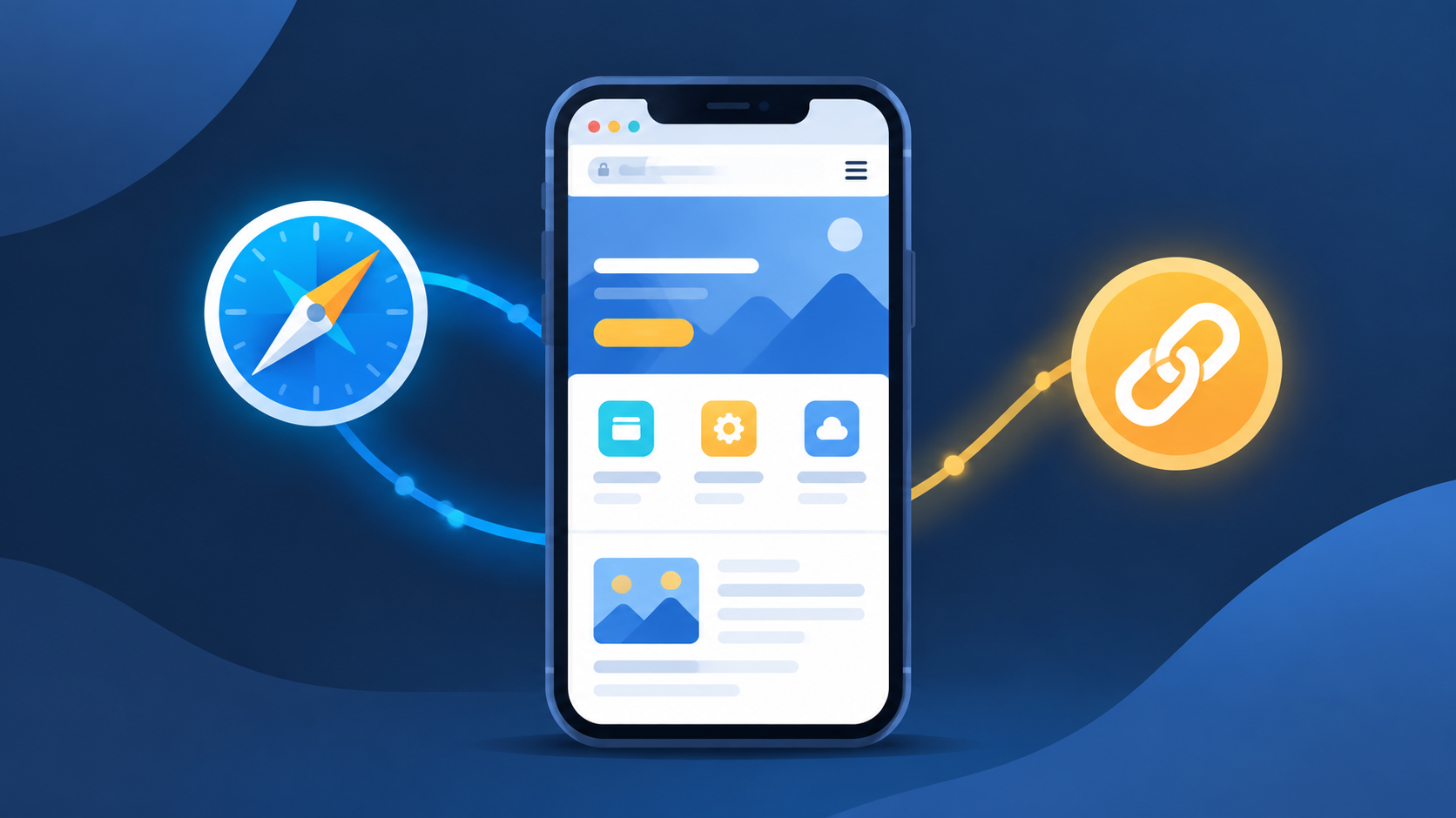 Shows a smartphone displaying a sleek webpage with gentle visual cues of a browser handoff (compass/browser icons and smooth motion).